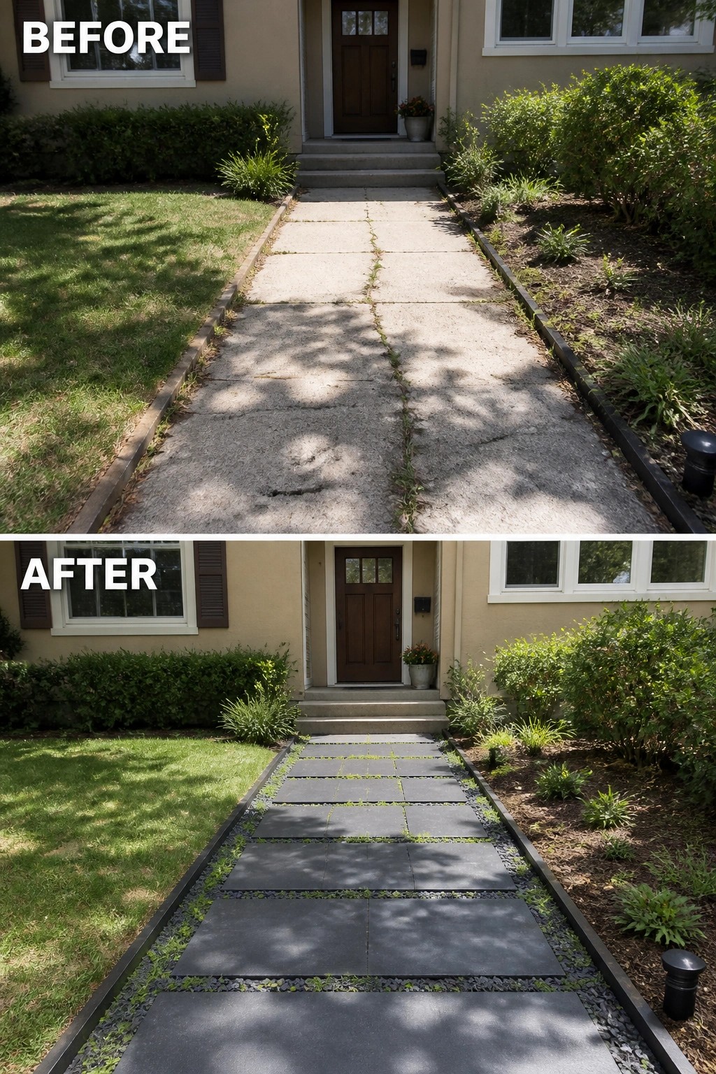 Before and after of cracked concrete walkway replaced with modern dark pavers.