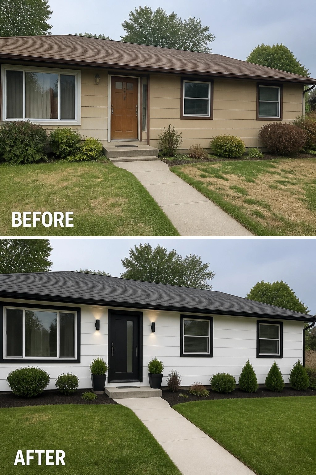 Before and after house exterior remodel with white siding, black trim, and landscaping.