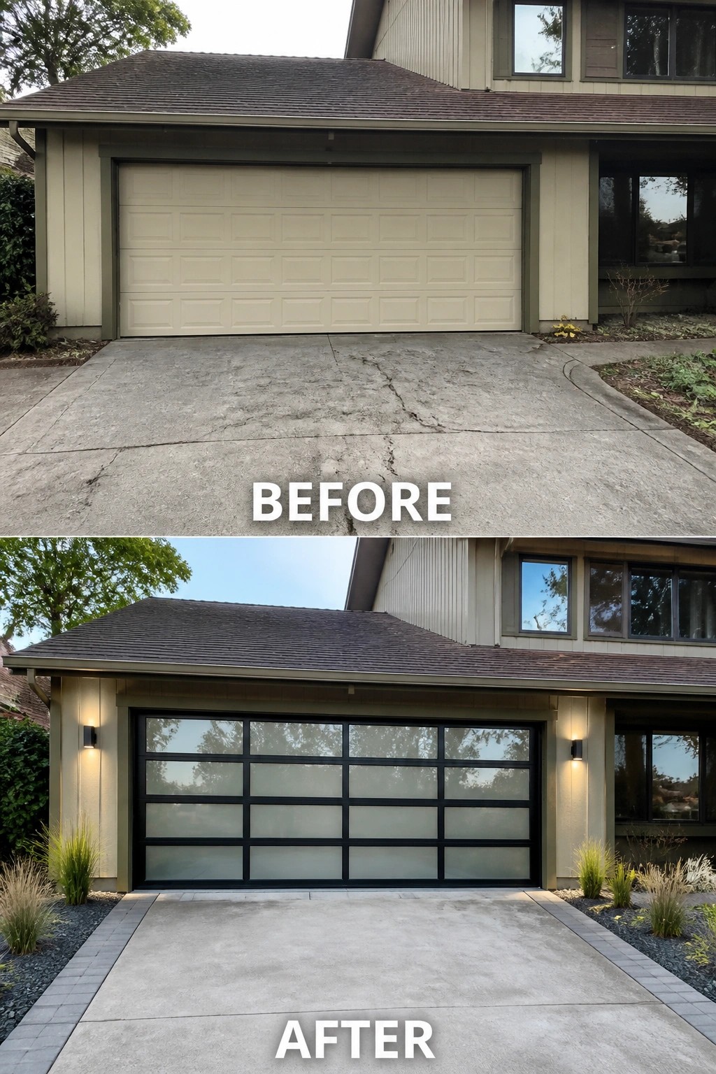 Before and after of beige garage door replaced by modern black glass door.