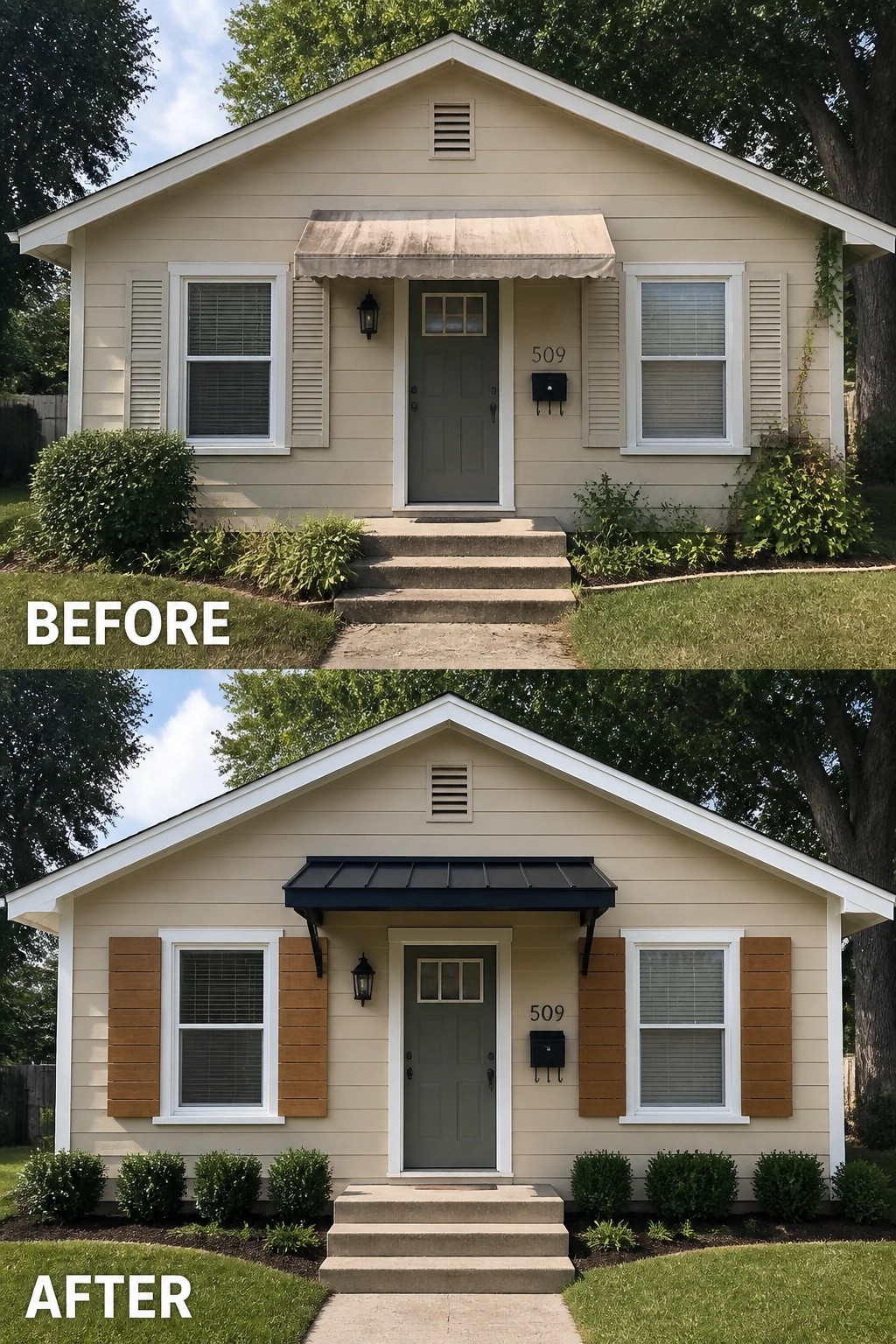 Before-and-after image of a beige house exterior showing a faded awning replaced by a modern black metal one along with updated wood shutters.