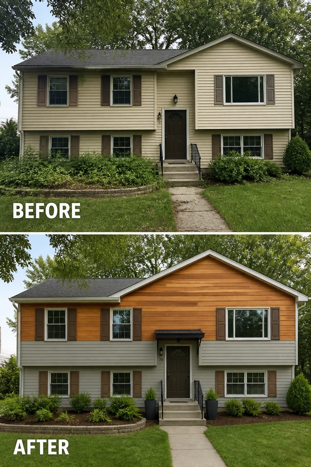 Before-and-after image of a beige two-story house updated with wood tone siding on the upper level, gray paint below, and a small awning over the front door.