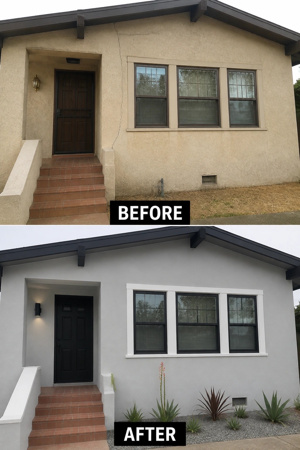 Before and after of house exterior repainted gray with black door, trim, and new landscaping
