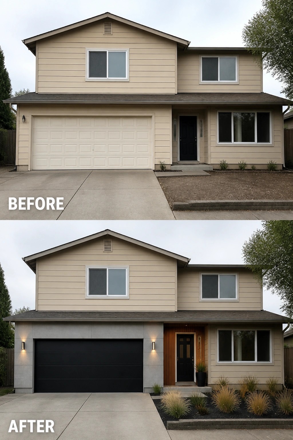 Before-and-after image of a beige house exterior with a white garage door updated to a black garage door, wood entry accents, wall lights, and new front landscaping.