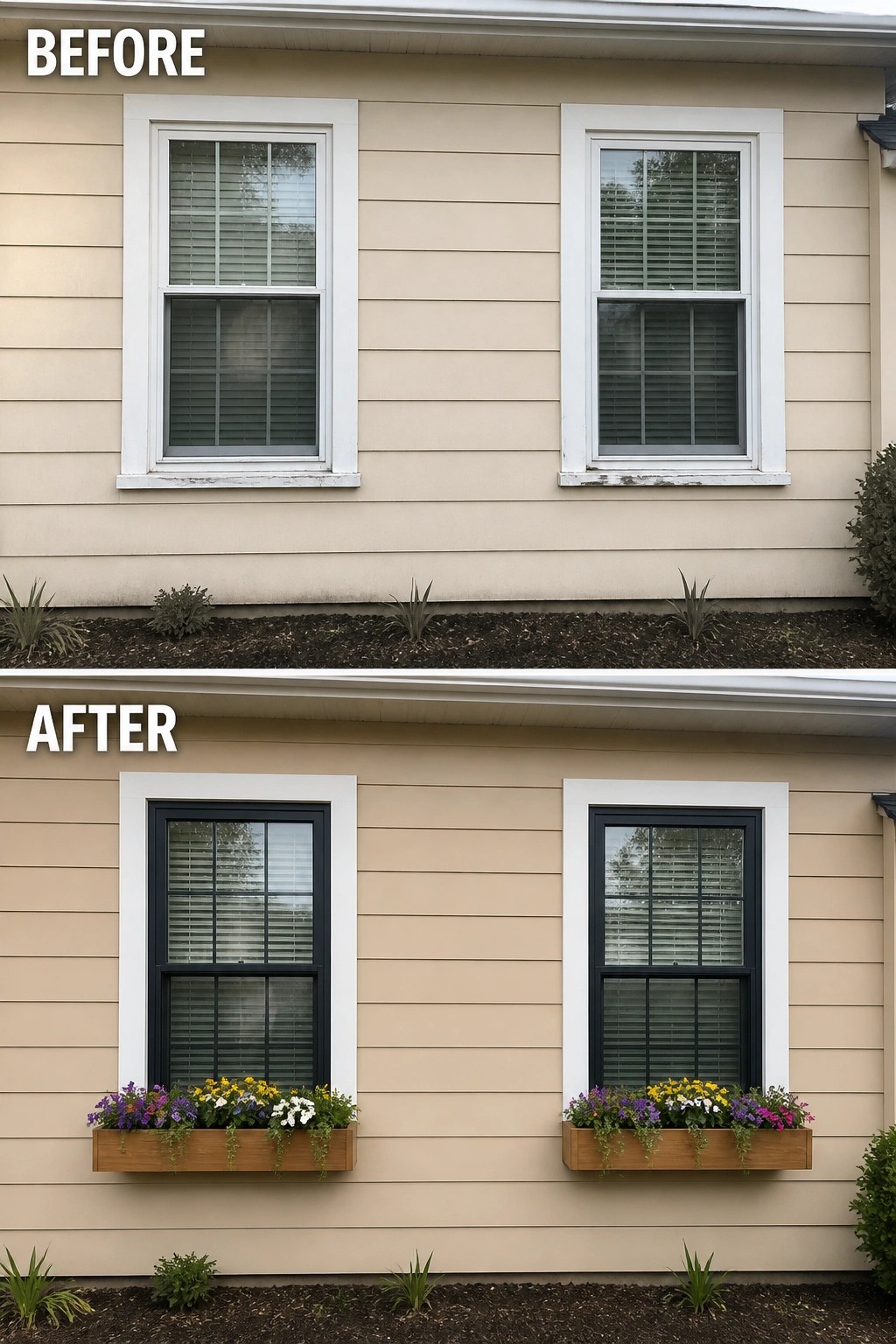 Before and after house windows with black frames replacing white and added flower boxes.