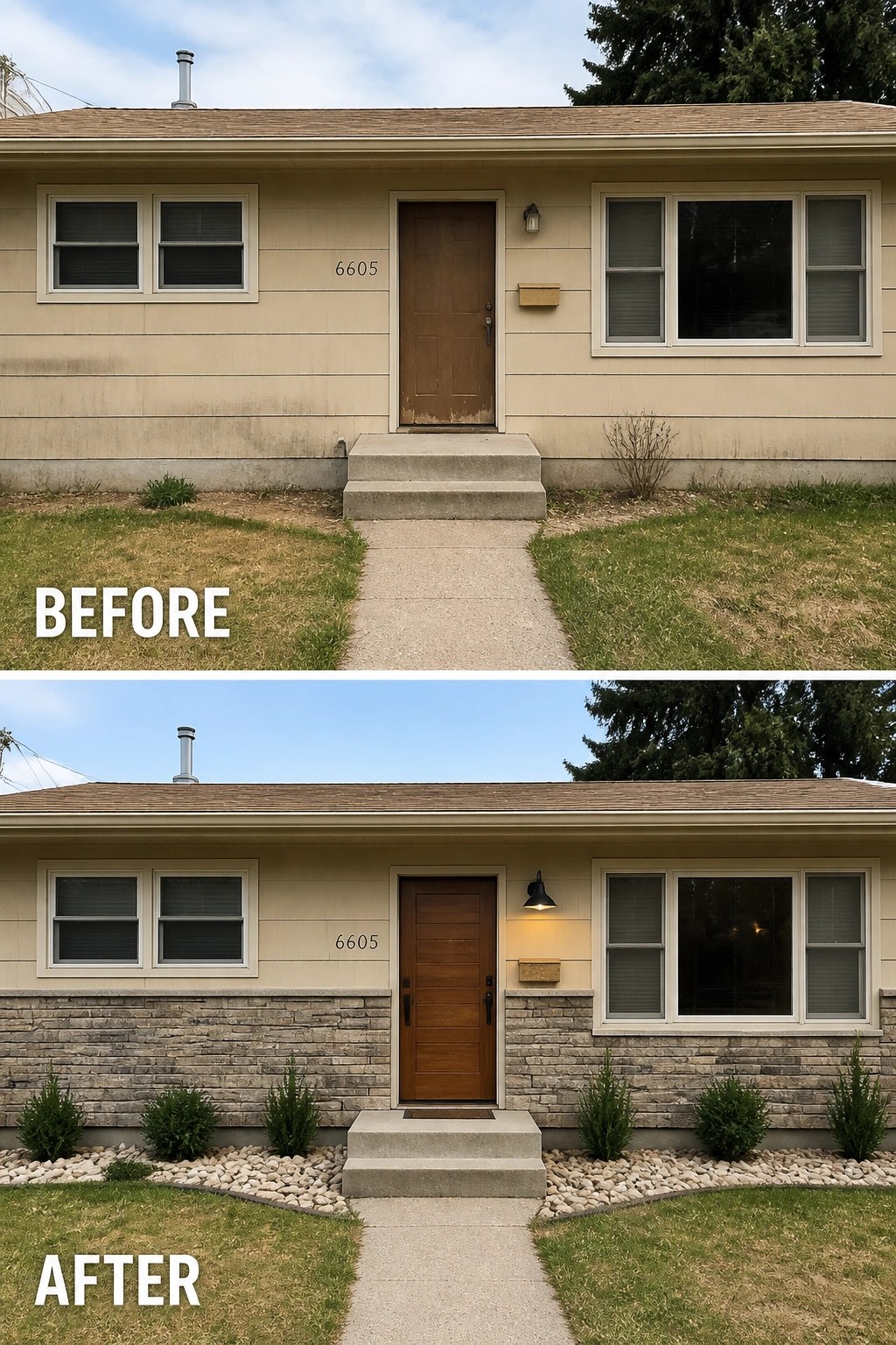 Before-and-after house exterior with stone siding, shrubs, and updated landscaping.