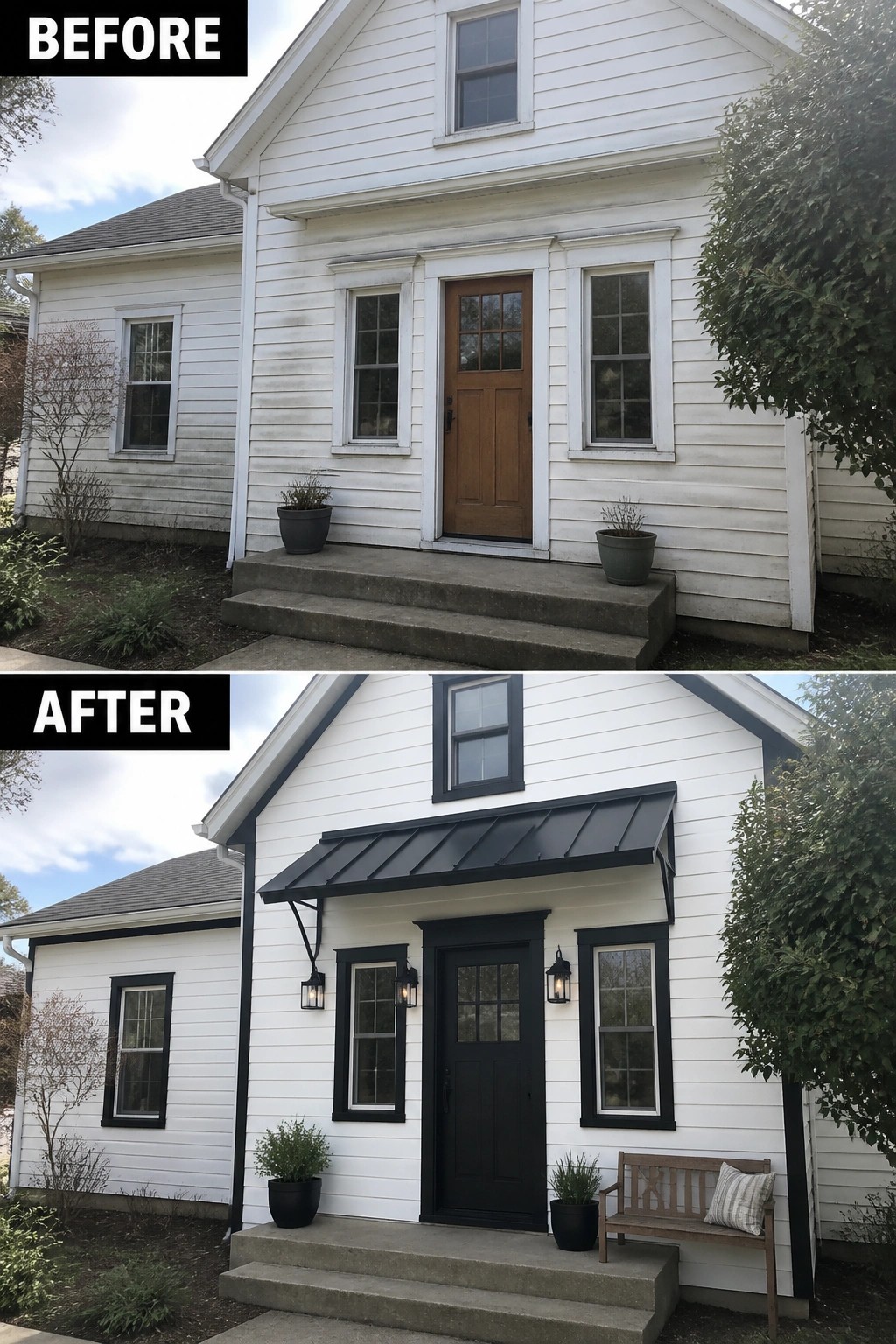 Before and after of white house with new black door, trim, and metal awning.