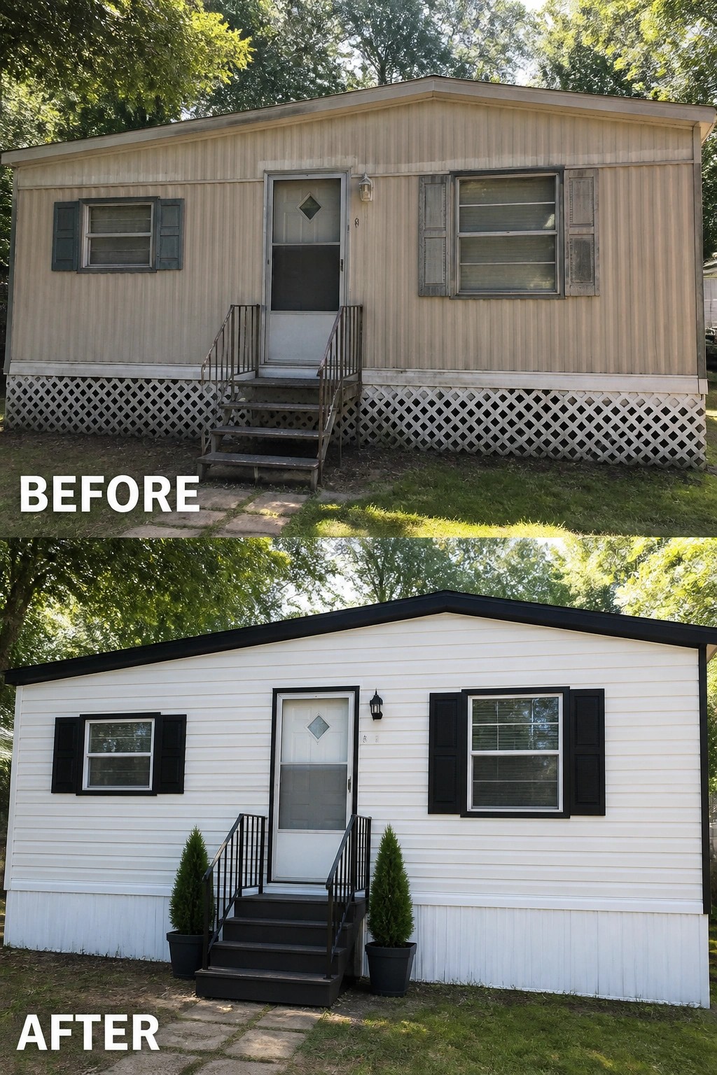 Before and after mobile home with beige-to-white siding, black shutters and trim.