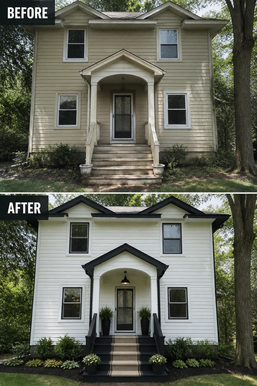 Before and after house exterior with beige siding repainted white and black trim added