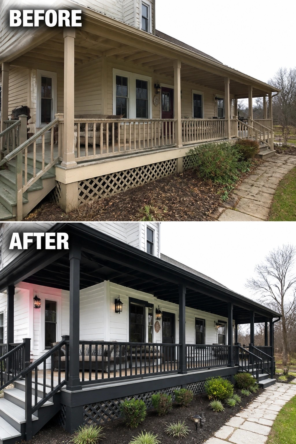 Before-and-after image of a house porch with light trim changed to white siding and black trim.