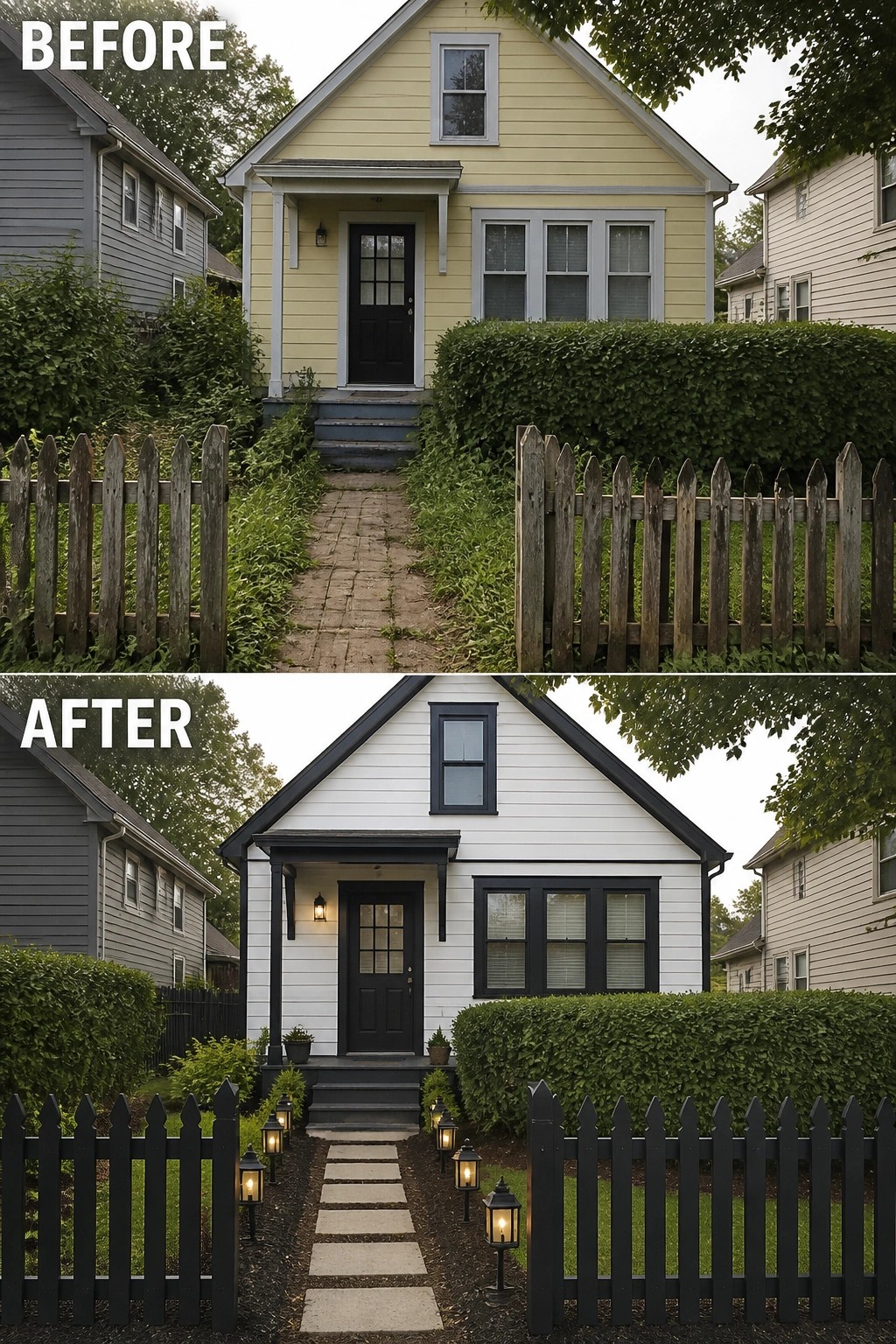 Before-and-after image of a house exterior changed from yellow siding with gray trim to white siding with black trim, plus an updated front path and fence.