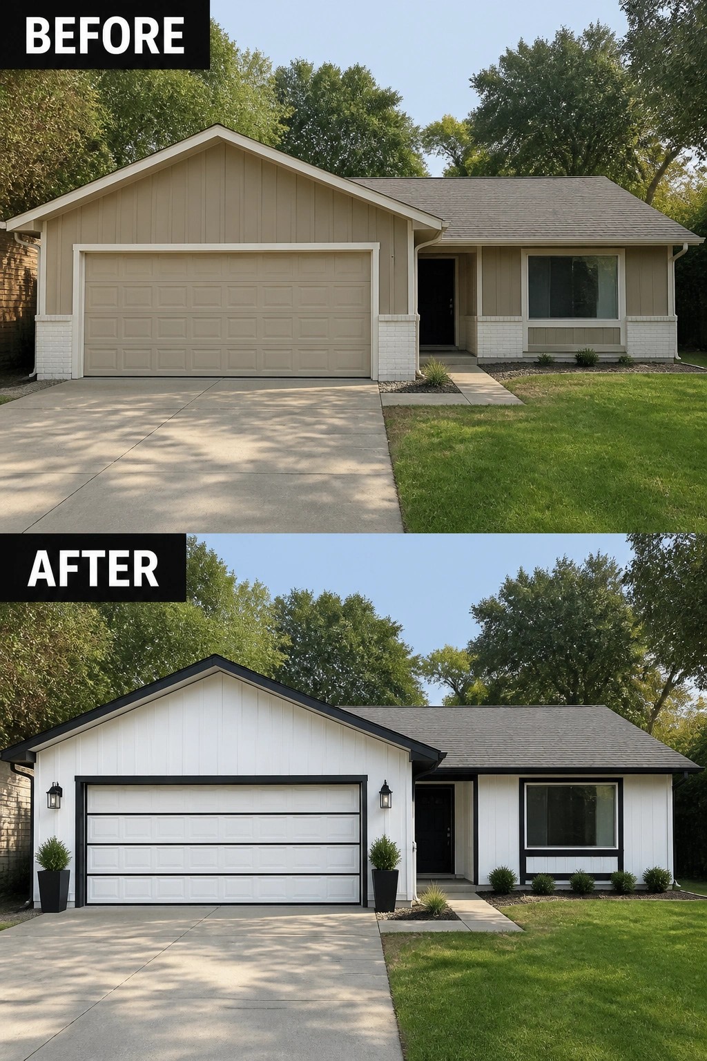 Before and after house exterior renovation from beige to white with black trim