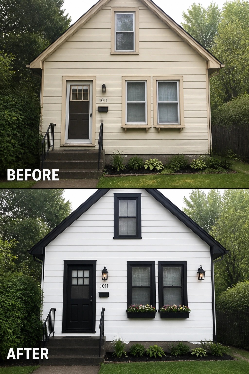 Before and after of beige house repainted white with black trim and accents.