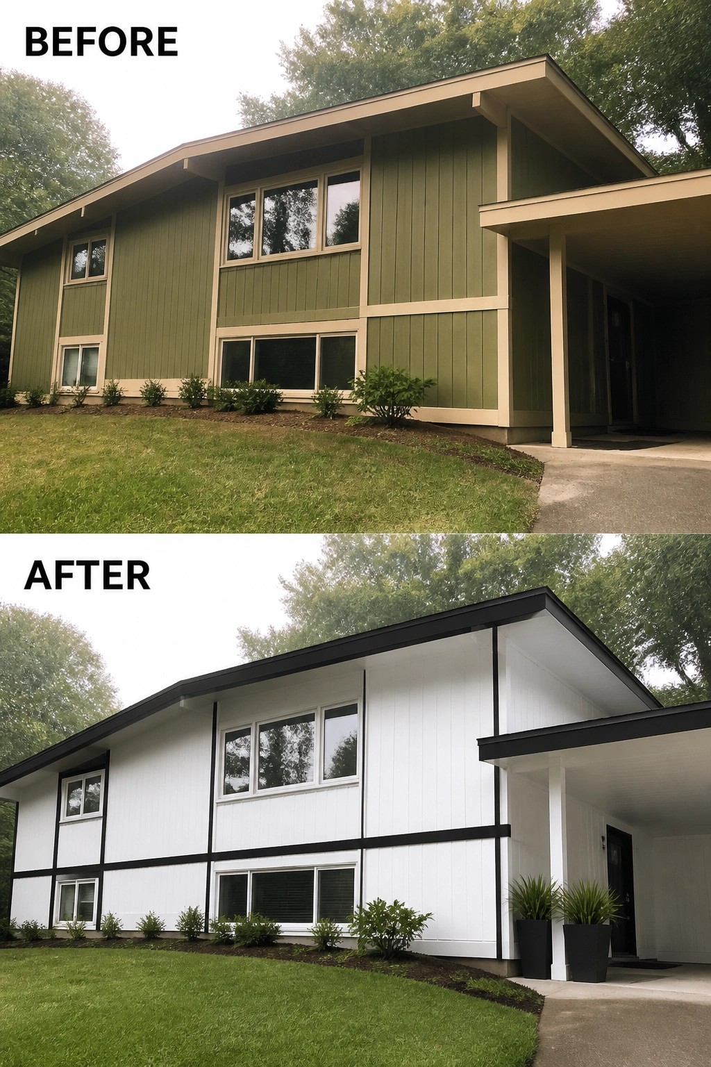 Before-and-after image of a house exterior changed from green siding with beige trim to white siding with black trim.