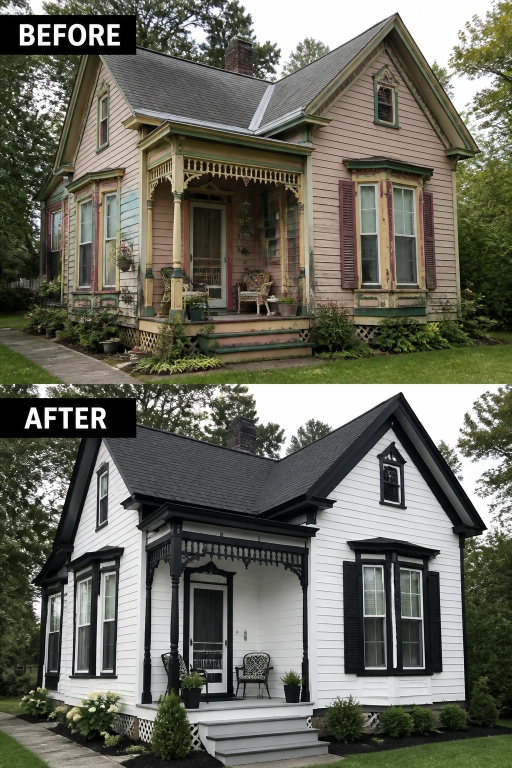 Before-and-after image of a faded Victorian house repainted with white siding and black trim.