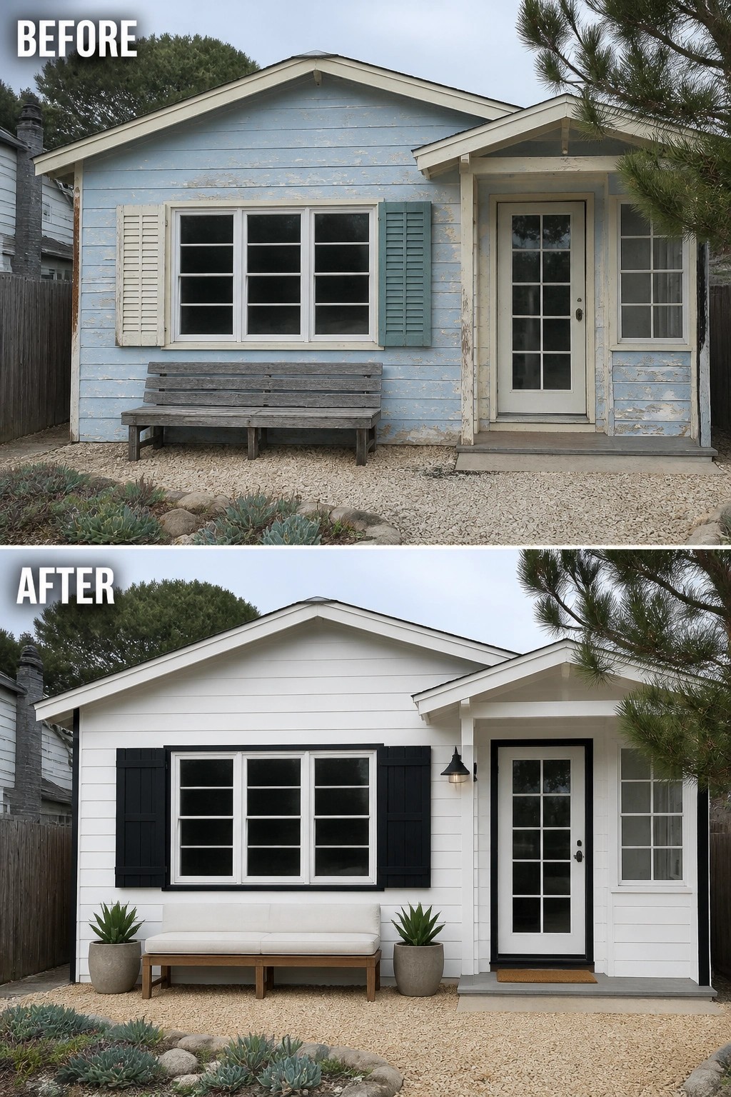 Before-and-after image of a small house exterior changed from faded blue paint with green shutters to white siding with black shutters and trim.