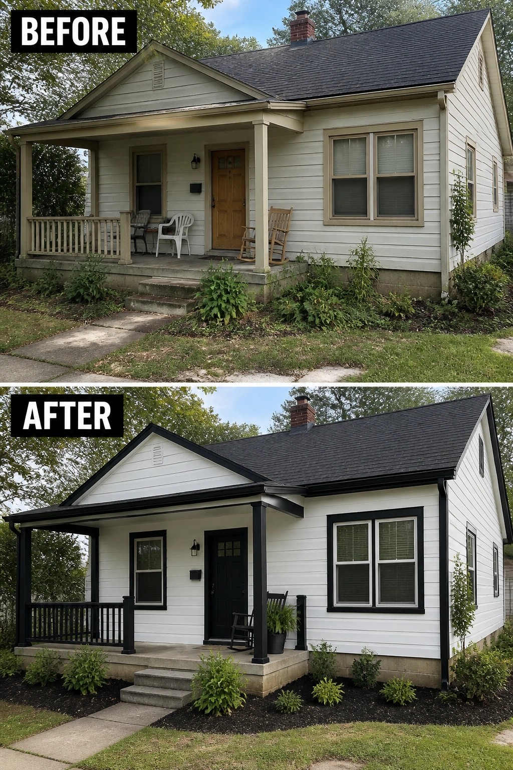 Before-and-after image of a house exterior showing light siding and muted trim changed to white siding with bold black trim and a dark front door.