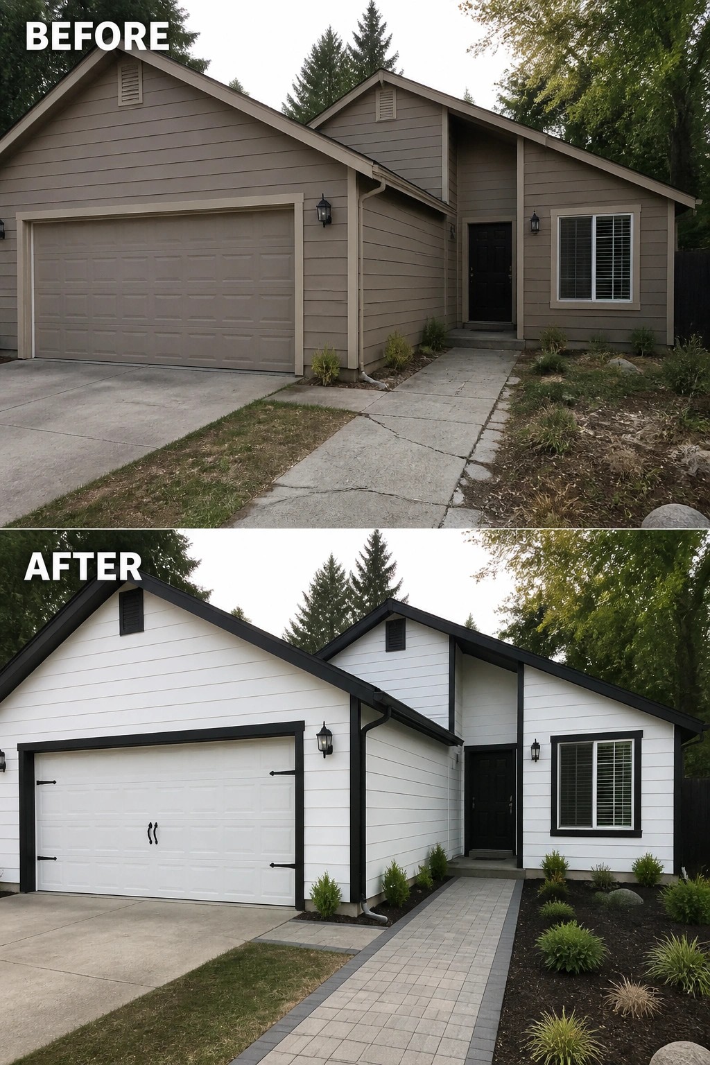 Before-and-after image of a house exterior changed from beige siding with a matching garage door to white siding with black trim and accents.