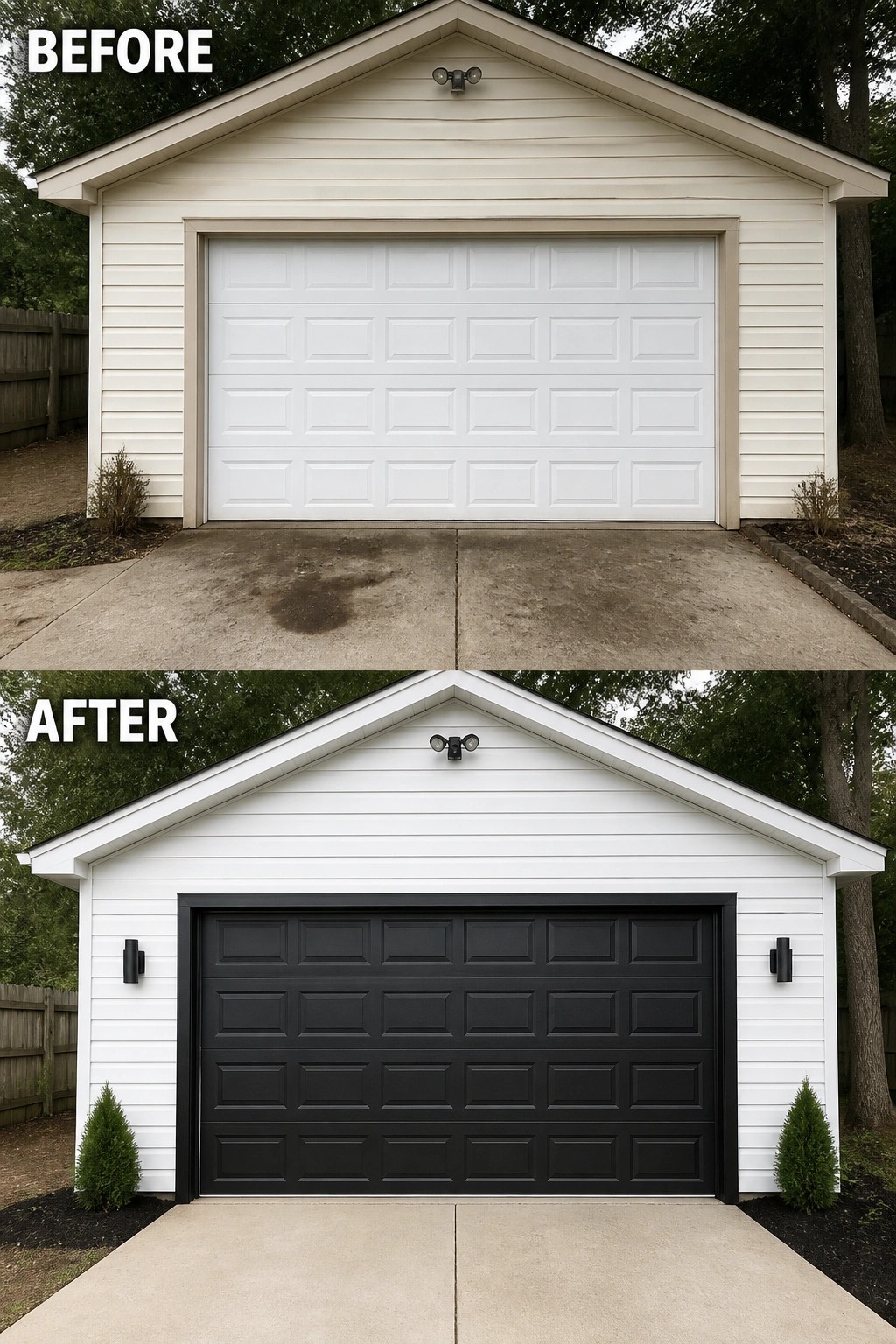 Before and after house exterior with new black garage door on white siding