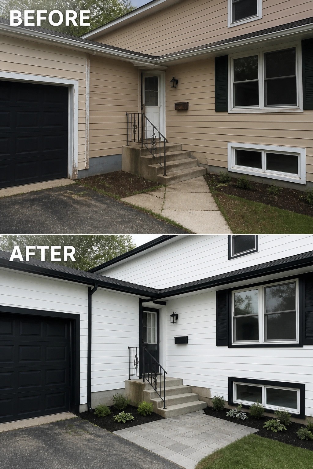 Before and after house exterior renovation from beige to white siding with black trim.