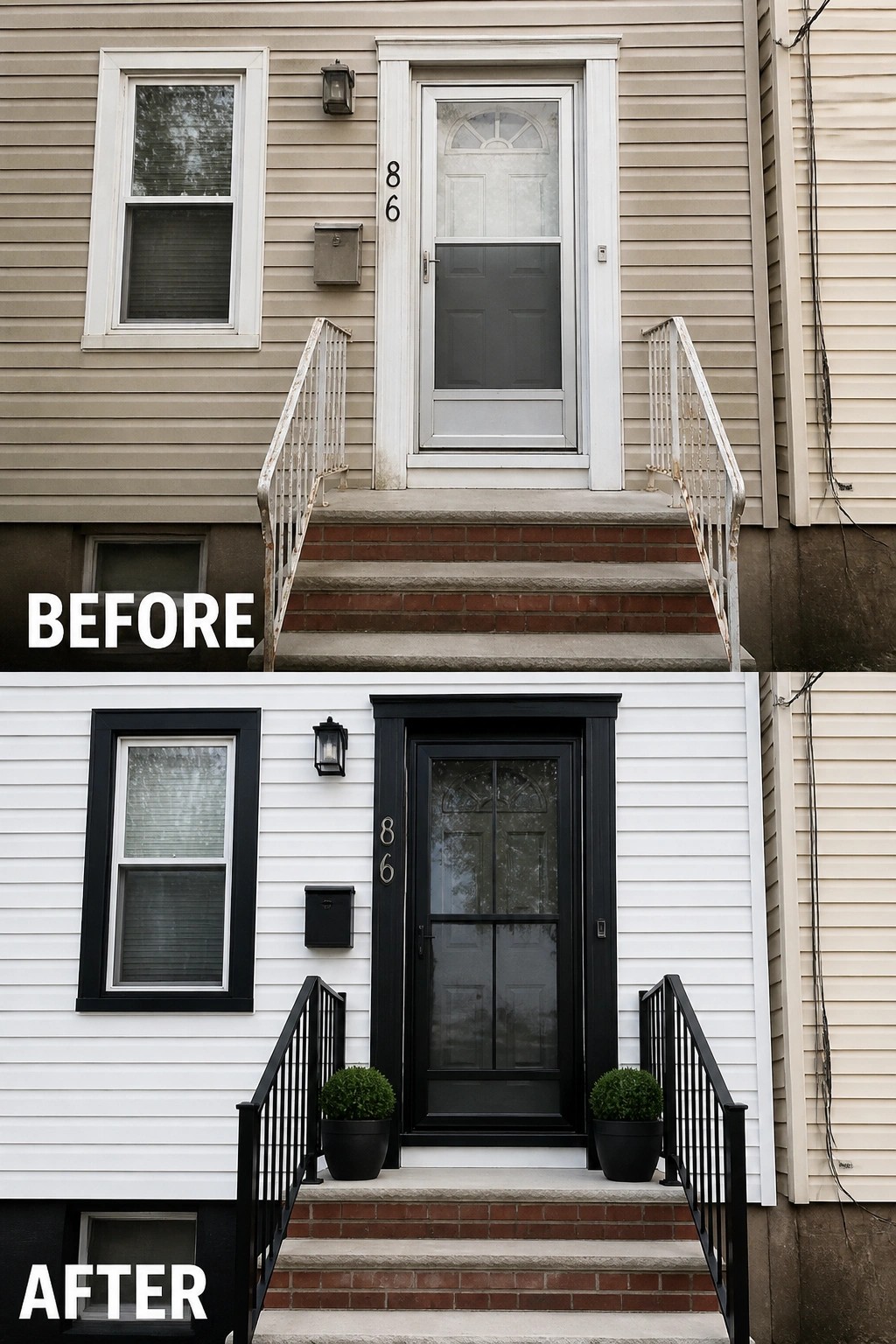 Before and after of beige house entrance repainted white with black door and railings.