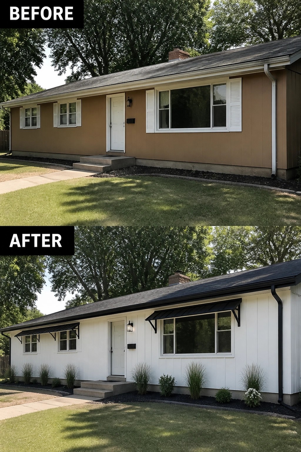 Before-and-after image of a house exterior changed from tan siding with white shutters to white siding with black trim, awnings, and added foundation plantings.
