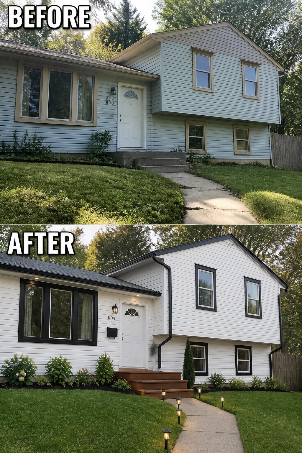 Before and after house exterior remodel from blue to white with black trim.