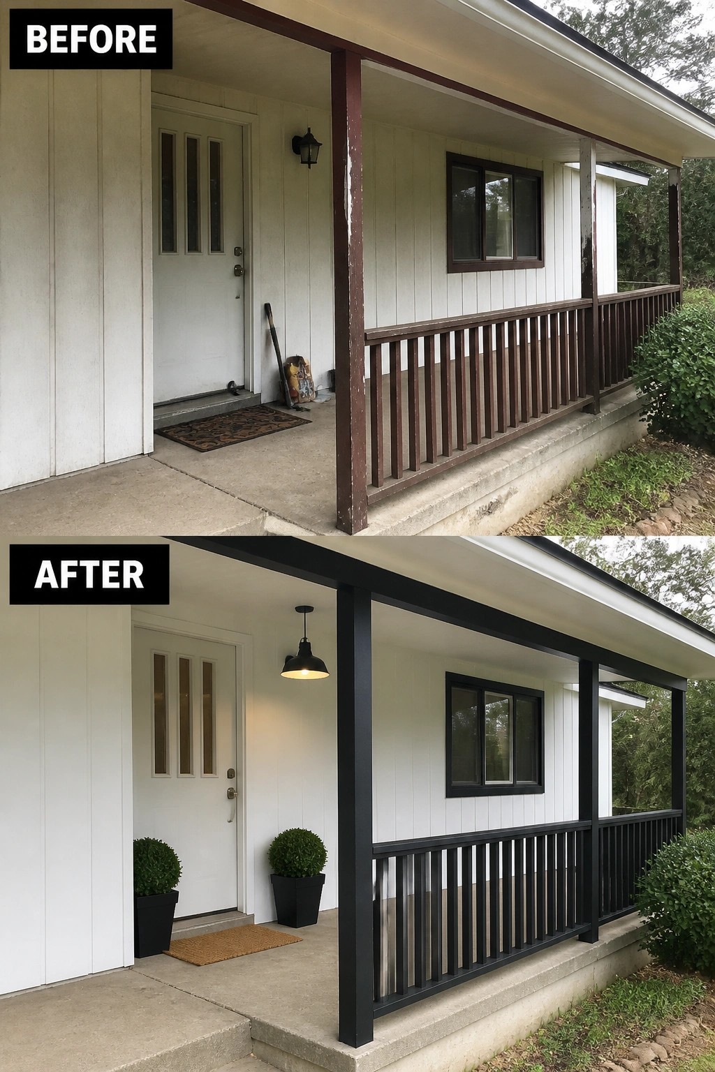 Before and after porch with brown trim replaced by modern black railing and accents.