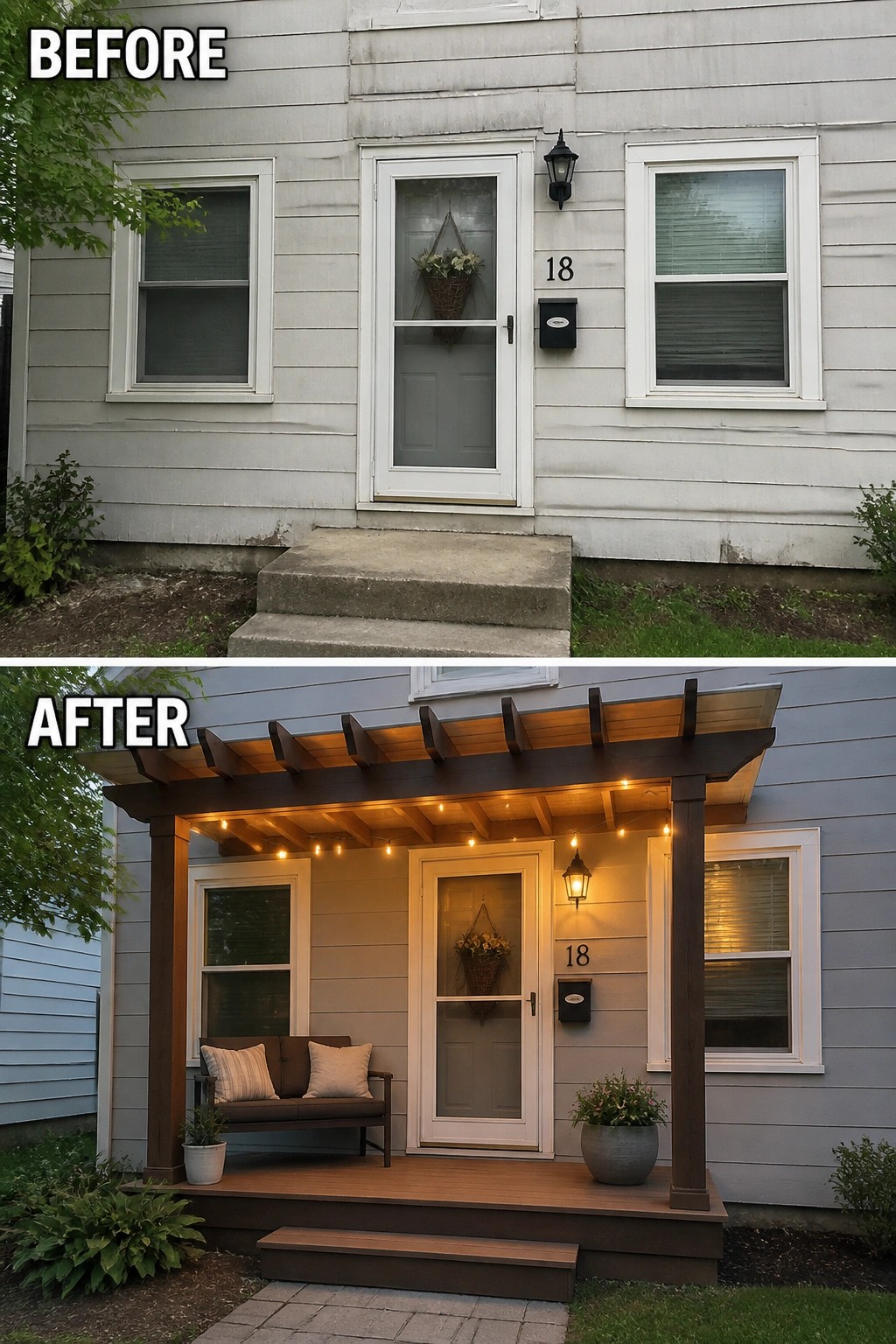 Before and after house entrance with new wooden porch, pergola, and lights