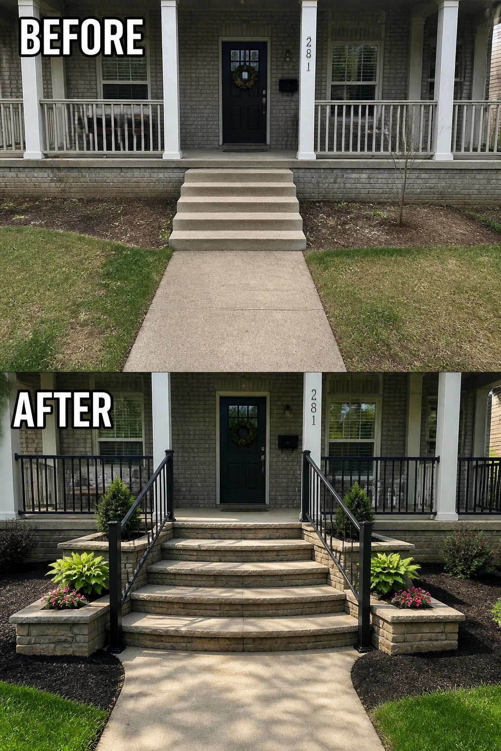 Before and after house entrance with new stone steps, railings and planters