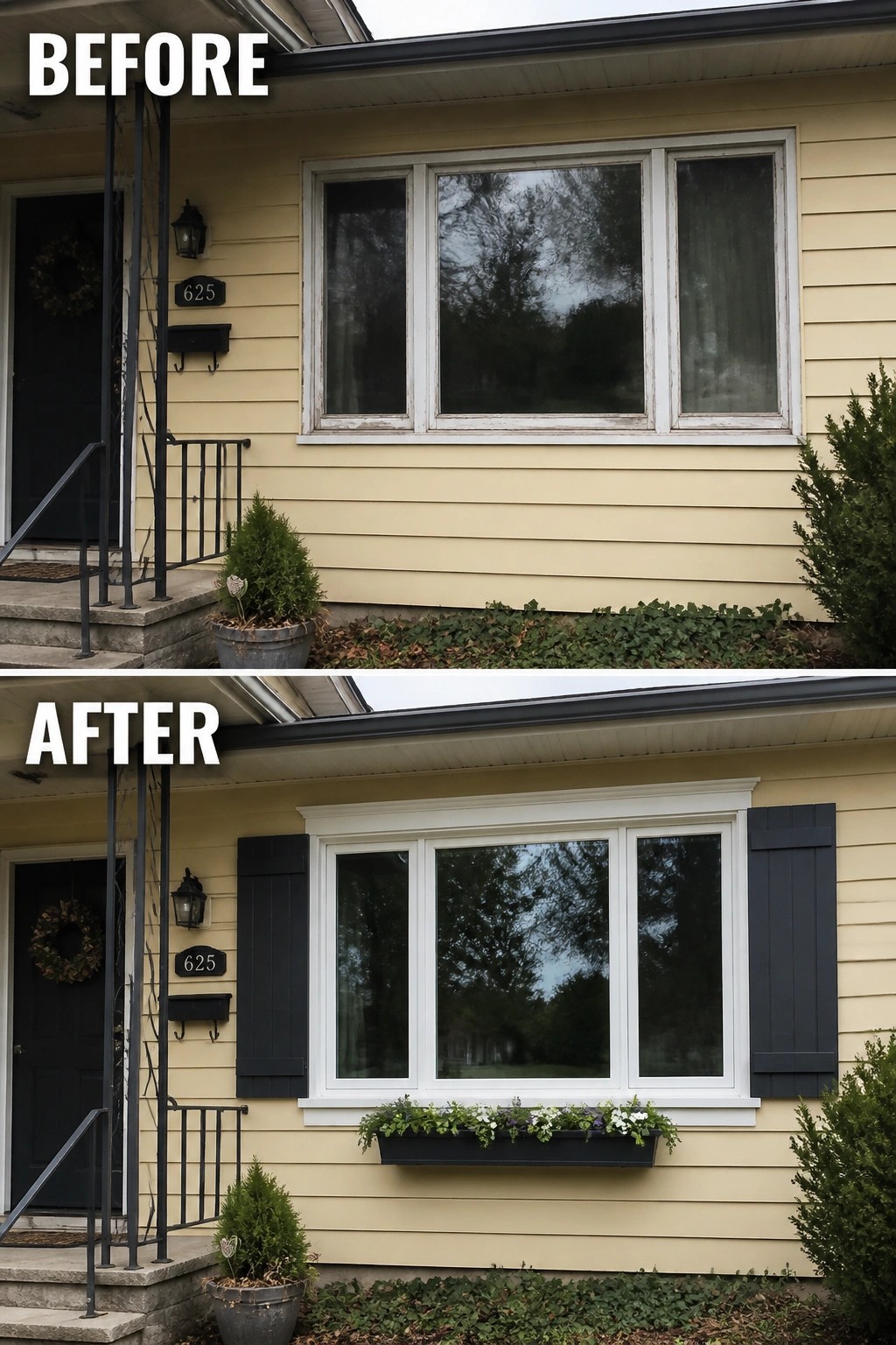 Before-and-after image of a house exterior showing a plain window updated with black shutters on both sides, fresh white trim, and a window box with flowers.