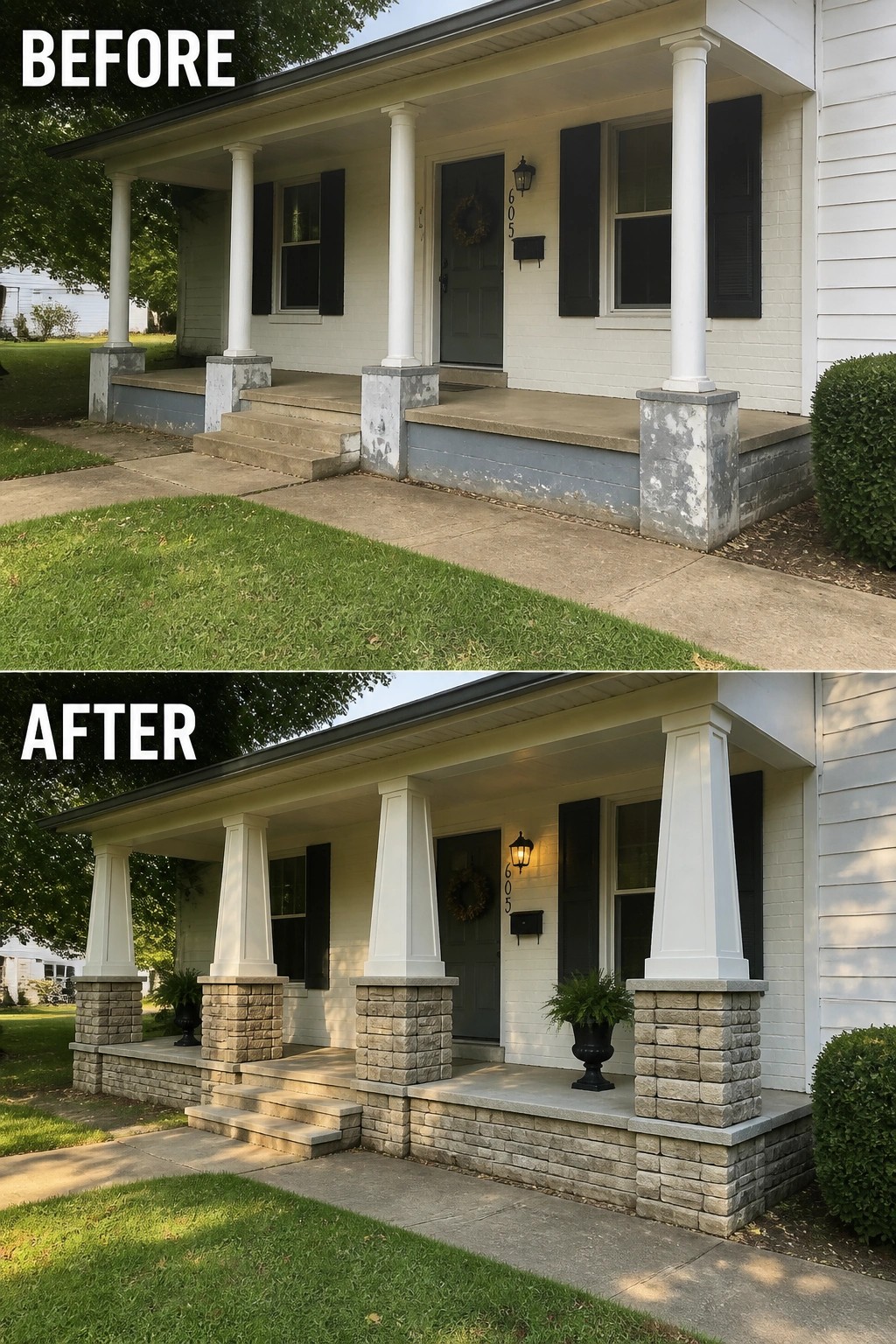 Before and after porch renovation with new stone column bases on white house.