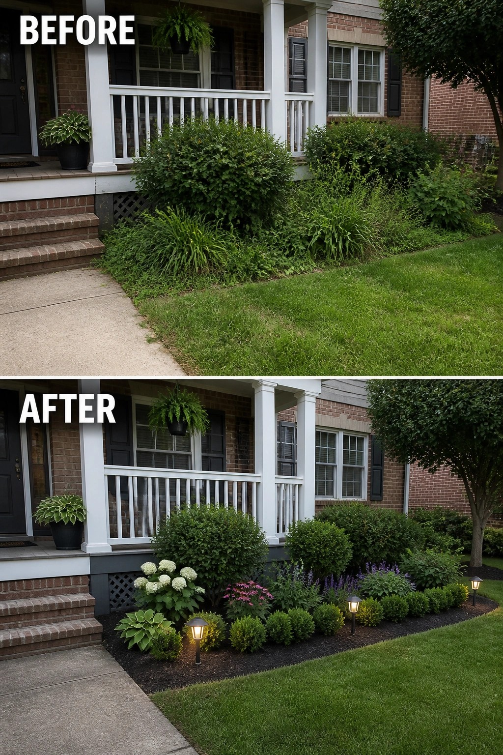 Before and after of overgrown garden bed transformed into mulched flower bed with lights
