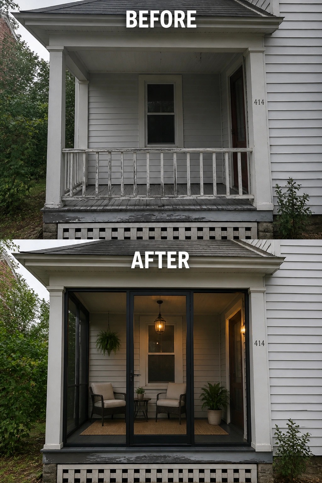 Before and after of porch converted into furnished glass-enclosed sunroom with seating.