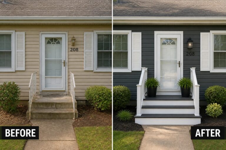 Before-and-after house exterior: beige to dark gray siding with upgraded white porch.