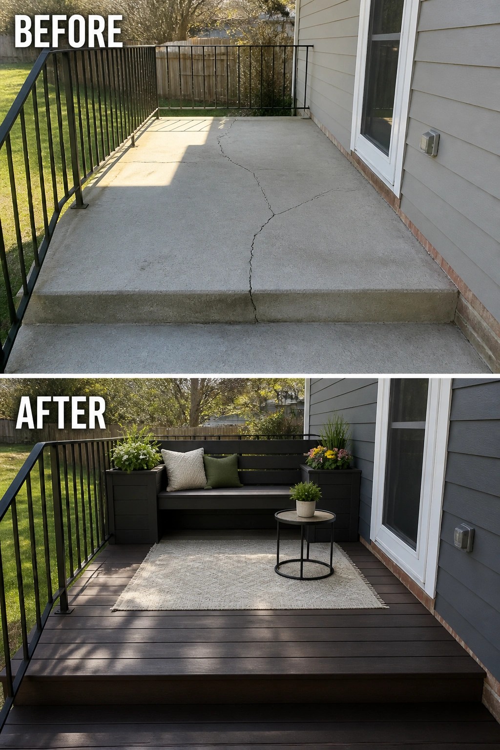 Before cracked concrete patio transformed into modern wooden deck with bench and planters.