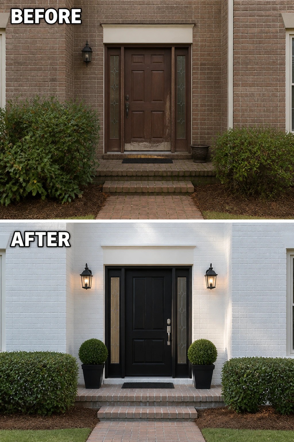 Before-and-after image of a brick house entry painted white with a black door, new lighting, and potted shrubs replacing the original overgrown bushes.