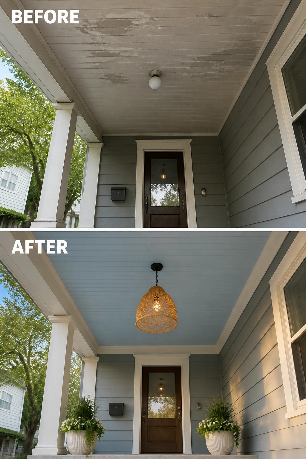 Before-and-after porch with blue ceiling, woven light, and potted plants.