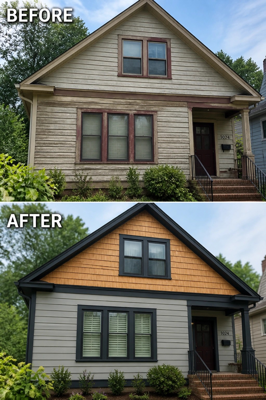 Before-and-after image of a house exterior showing faded siding and brown trim updated with fresh gray and wood-tone siding plus black trim on the roofline, windows, and porch.