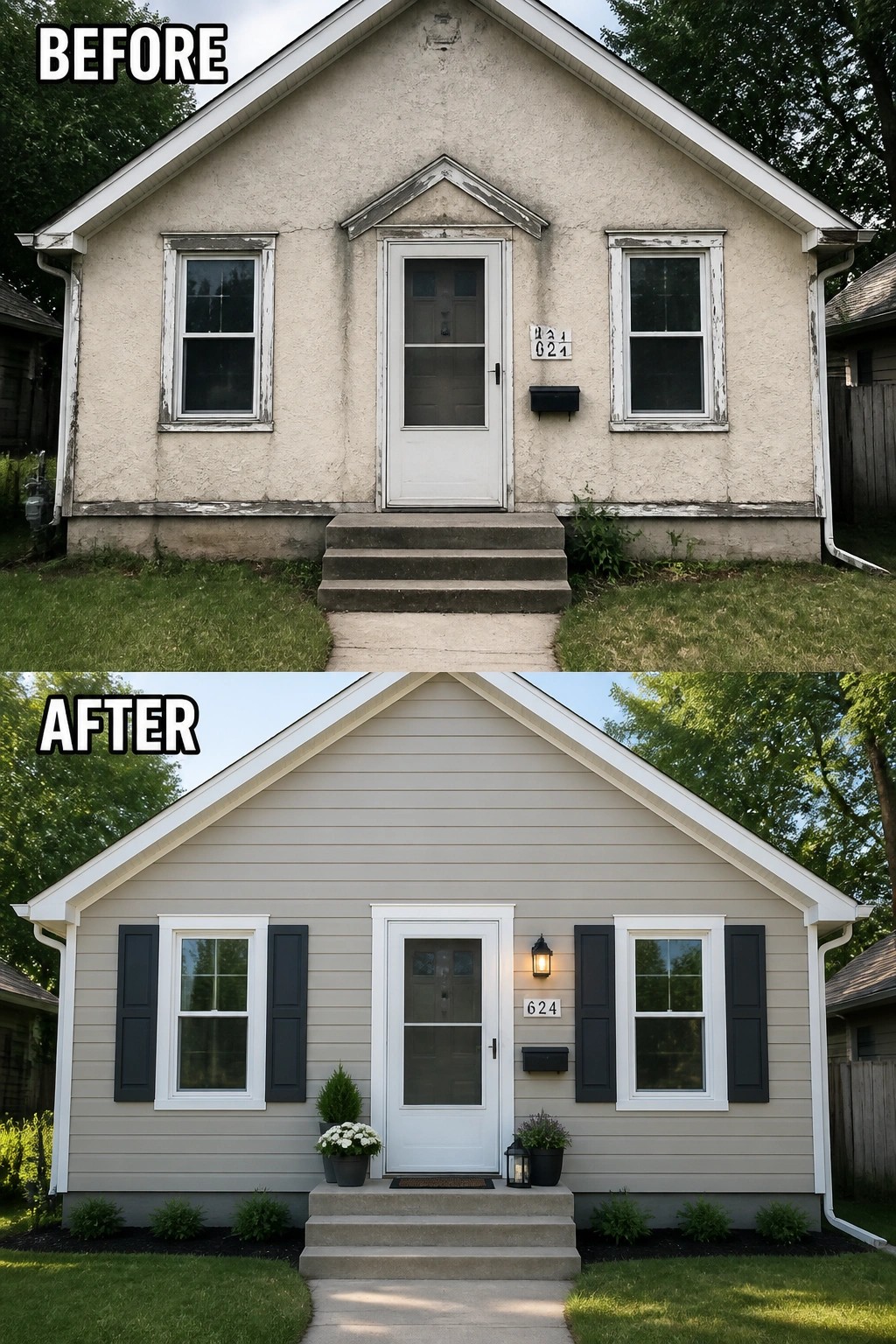 Before and after house exterior with new siding, shutters, and landscaping.