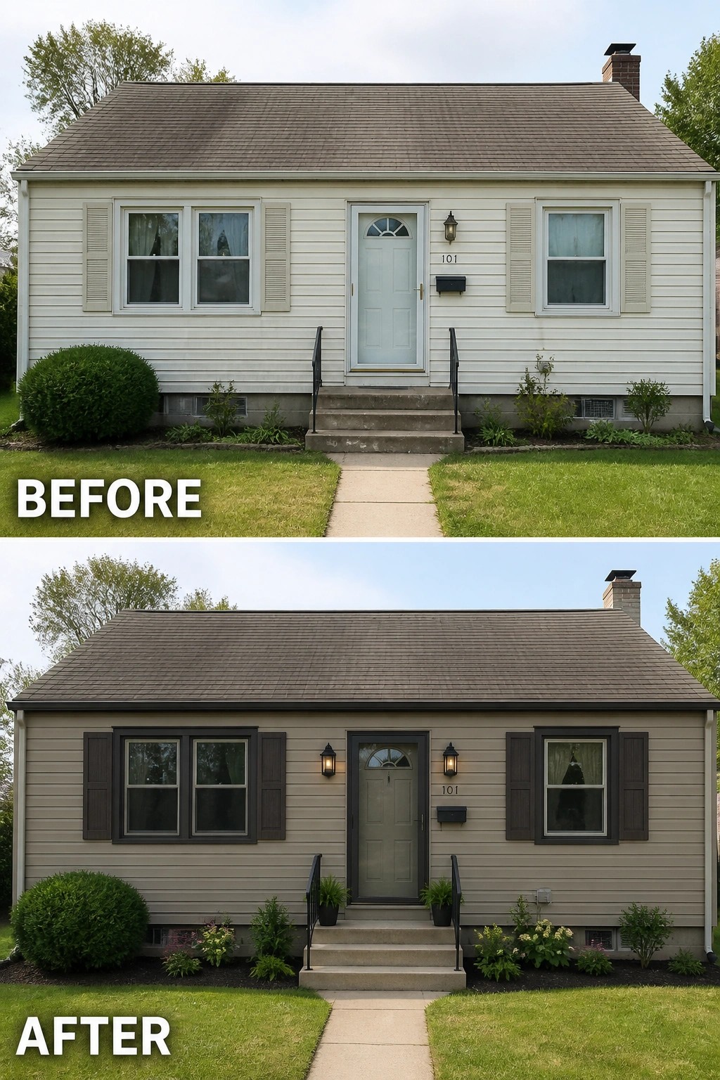 Before-and-after image of a house exterior updated with new siding color, dark shutters and trim, and added entry lighting.