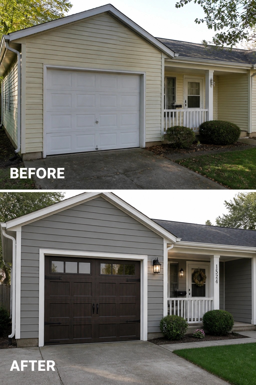 Before and after house exterior with new gray siding and brown garage door