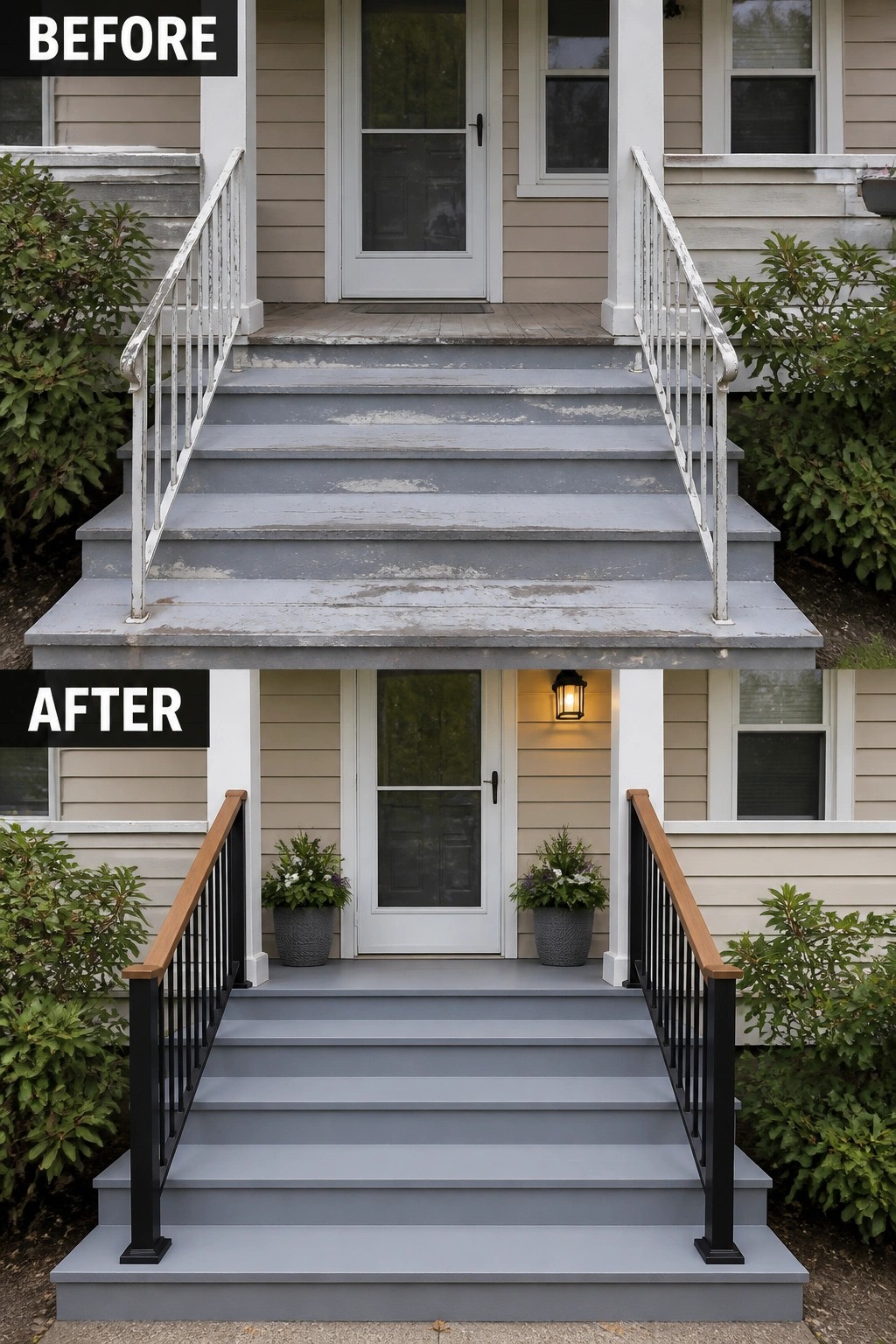 Before-and-after image of a front entry with worn gray stairs and peeling white railings changed to black metal railings with wood caps, potted plants, and new lighting.