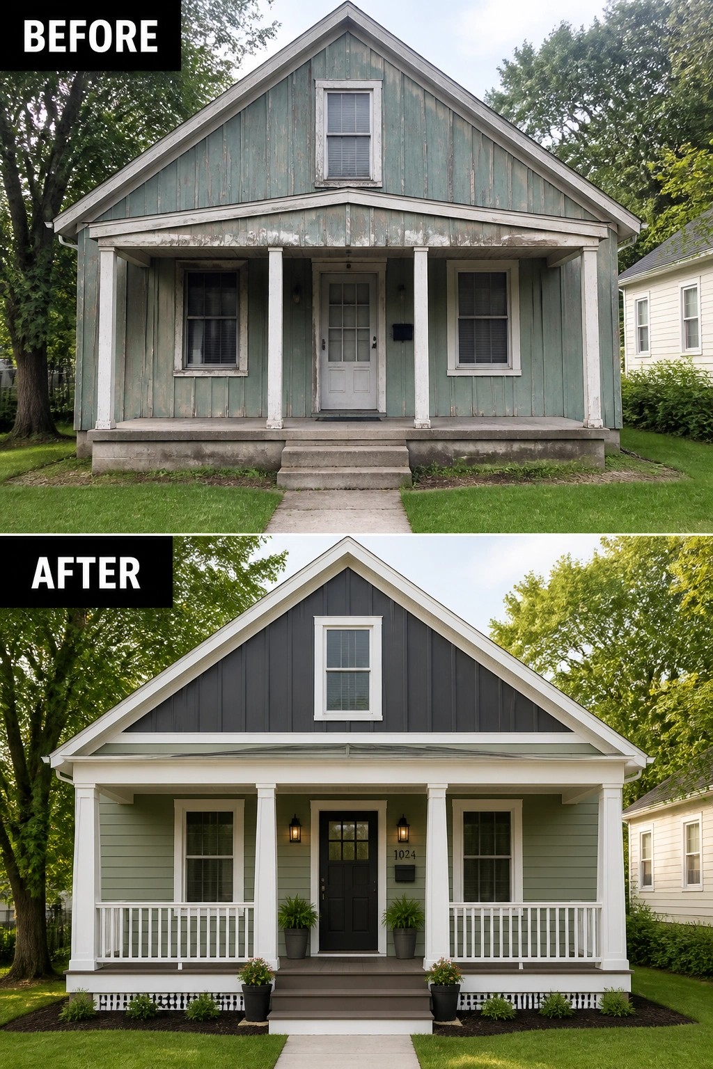 Before-and-after image of a house exterior showing faded green siding and an open porch updated with dark gray and light green siding, white porch railings, and a new dark door.
