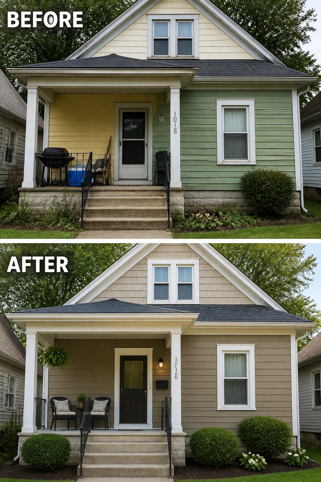 Before-and-after image of a house exterior with updated siding color, new front door, and simplified porch.