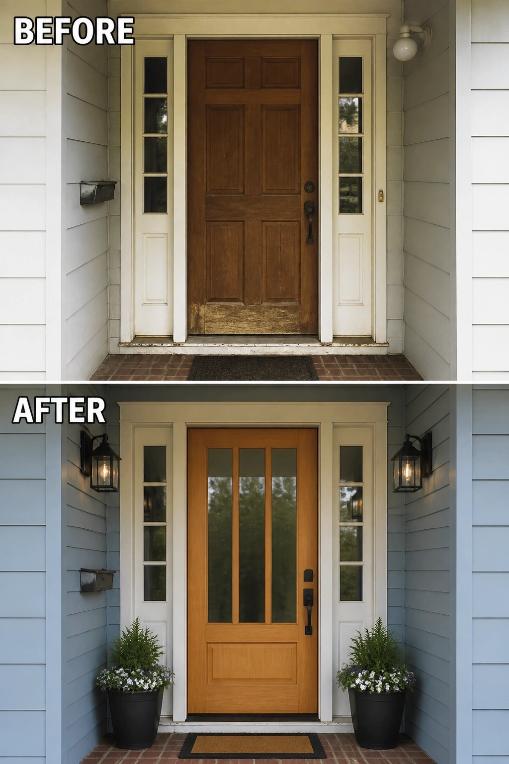 Before and after of renovated entry with blue siding, glass door, and potted plants.