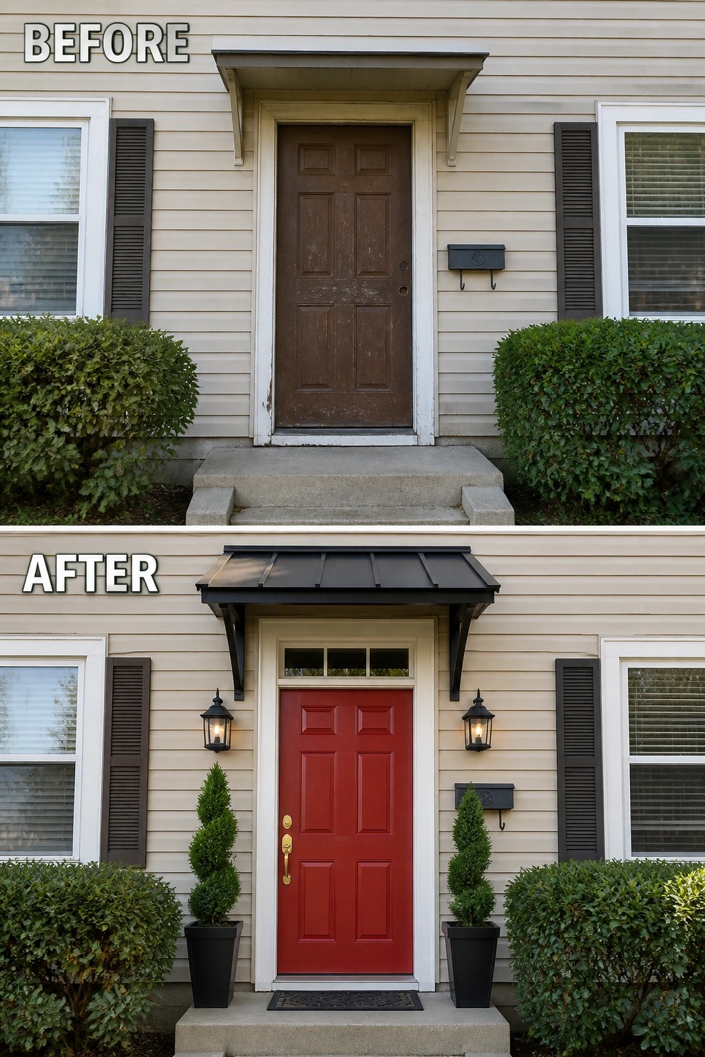 Before and after of beige house entrance with brown door repainted red plus black awning and lights