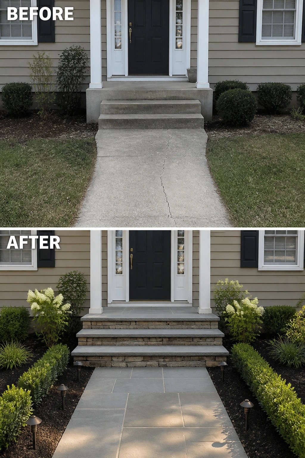 Before and after house entrance with new stone steps, path and landscaping