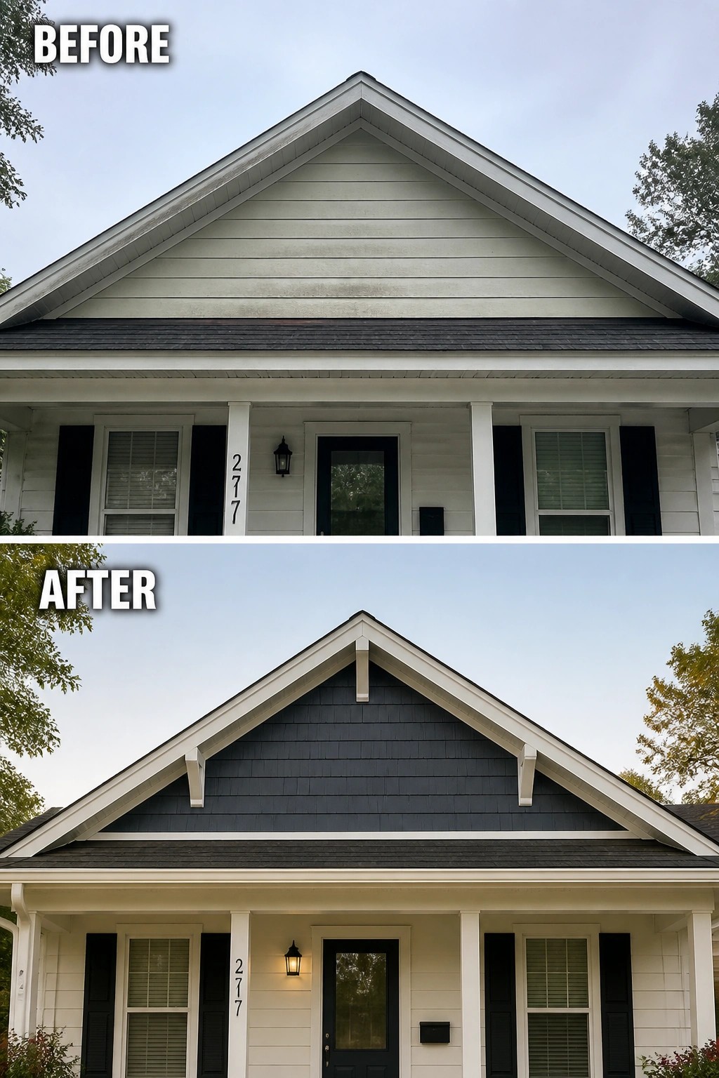 Before-and-after image of a house exterior showing the gable changed from light siding to dark shingles with added white trim and brackets.