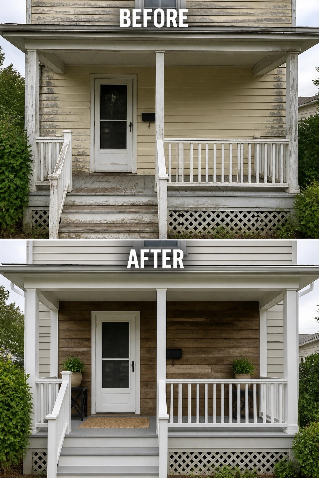 Before-and-after image of a house front porch showing faded yellow siding replaced with white siding above and wood siding below, plus updated trim and planters.