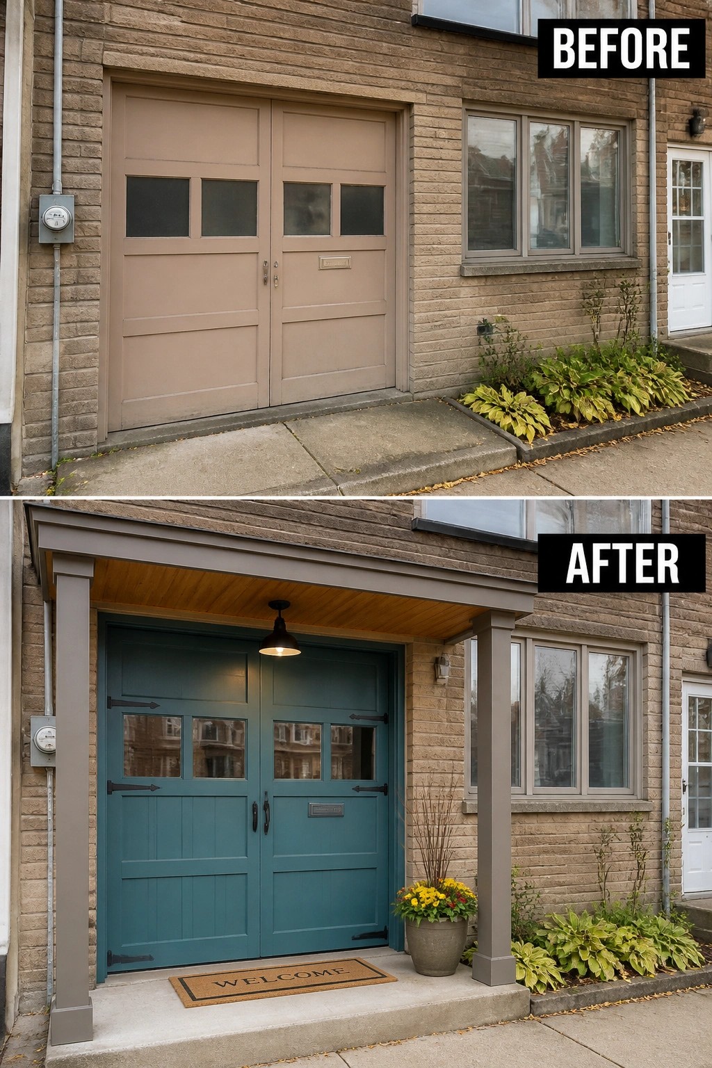 Before-and-after image of a beige garage door changed to a teal double door under a new gray covered porch with columns and entry styling.